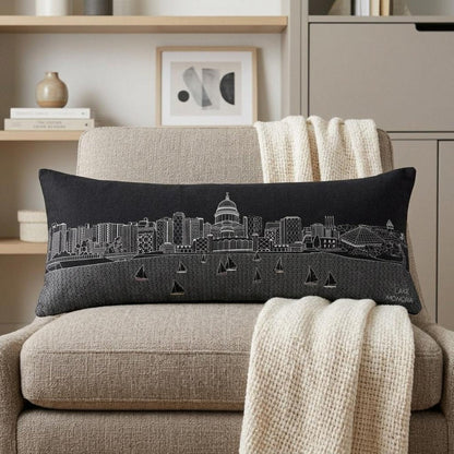 14" X 35" Dark Gray And White Madison Nighttime Skyline Lumbar Decorative Pillow HomeRoots