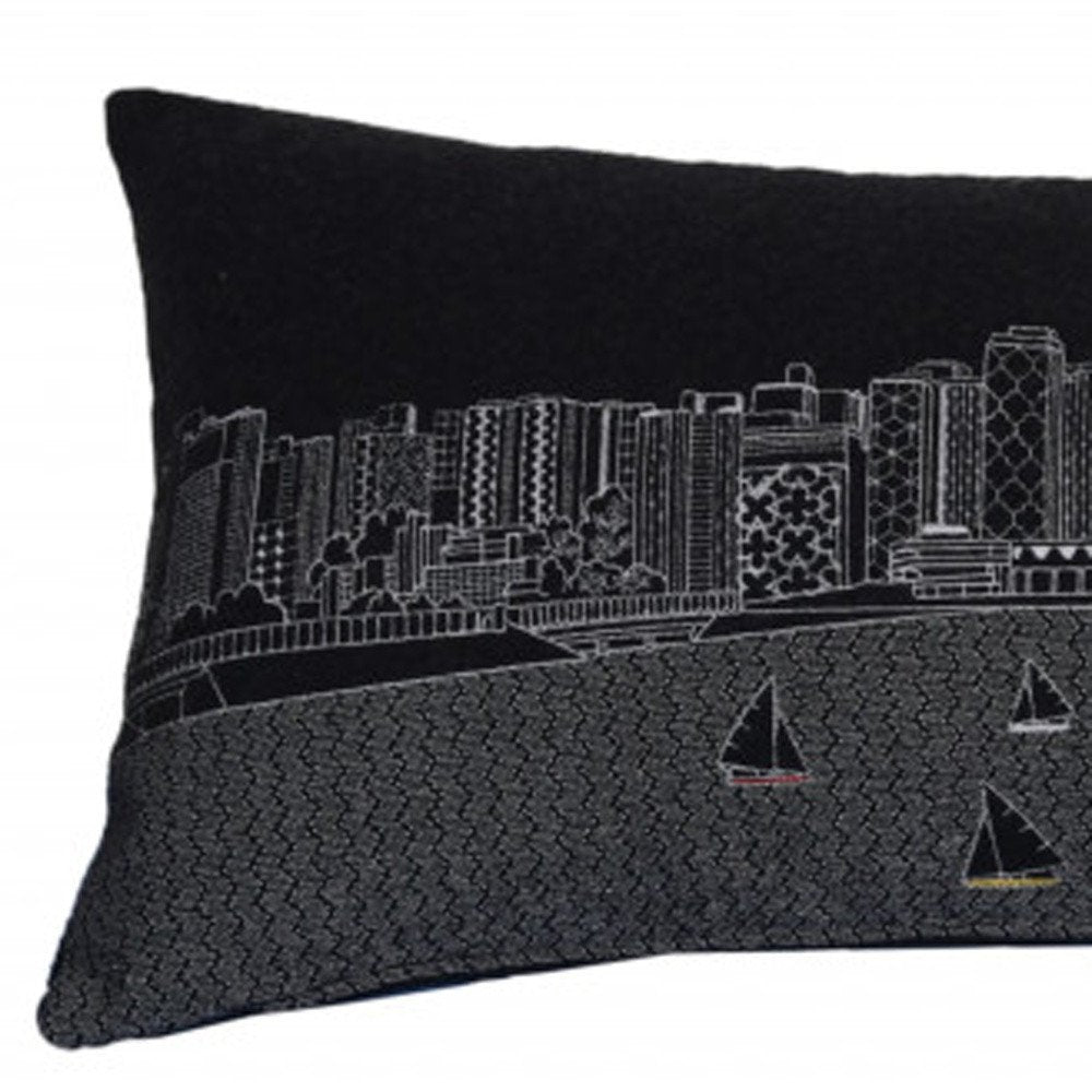 14" X 35" Dark Gray And White Madison Nighttime Skyline Lumbar Decorative Pillow HomeRoots
