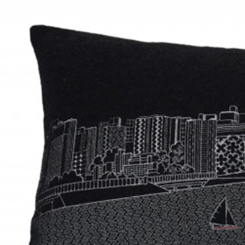 14" X 35" Dark Gray And White Madison Nighttime Skyline Lumbar Decorative Pillow HomeRoots