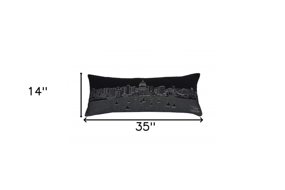 14" X 35" Dark Gray And White Madison Nighttime Skyline Lumbar Decorative Pillow — view 5