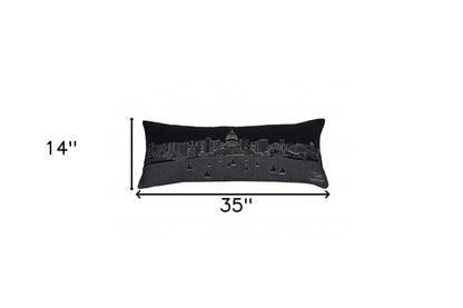 14" X 35" Dark Gray And White Madison Nighttime Skyline Lumbar Decorative Pillow HomeRoots