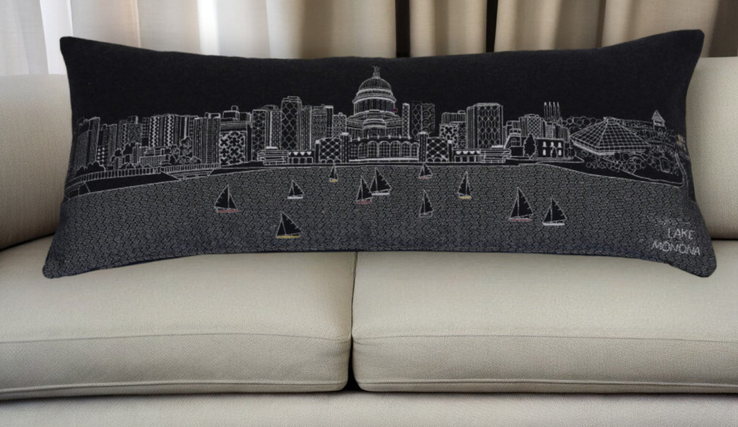 35" Black Madison Nighttime Skyline Lumbar Decorative Pillow FurniFindUSA