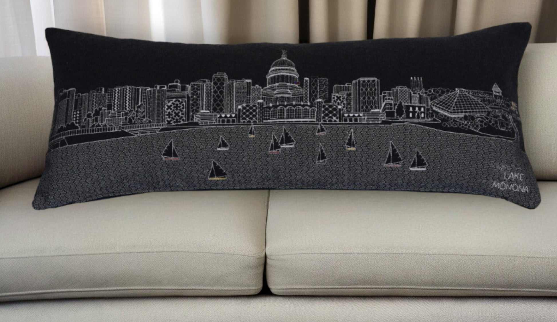 35" Black Madison Nighttime Skyline Lumbar Decorative Pillow FurniFindUSA