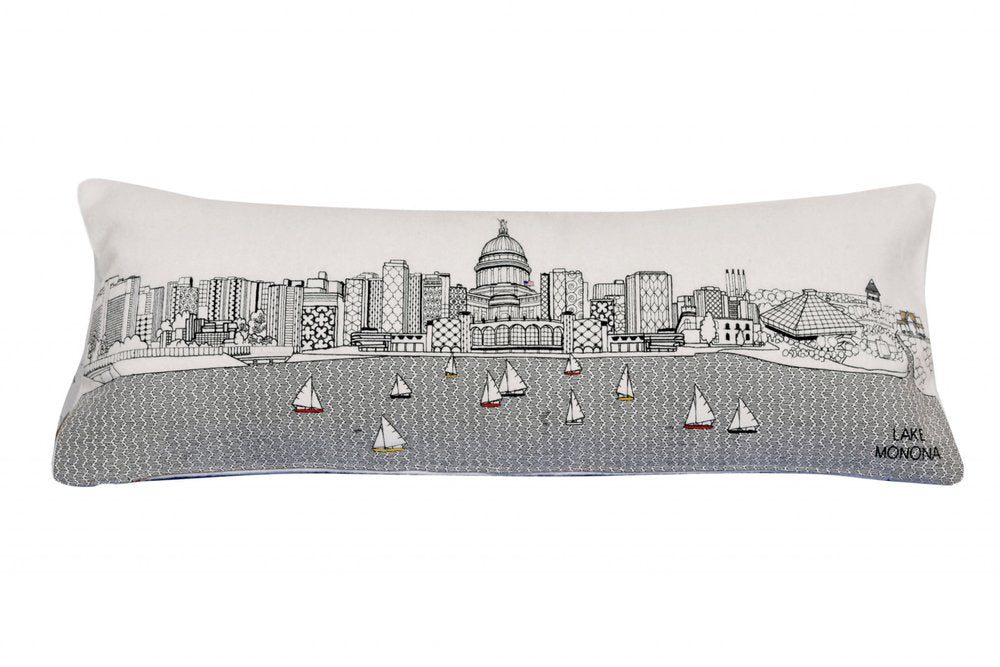 14" X 35" Dark Gray And White Madison Nighttime Skyline Lumbar Decorative Pillow — view 6