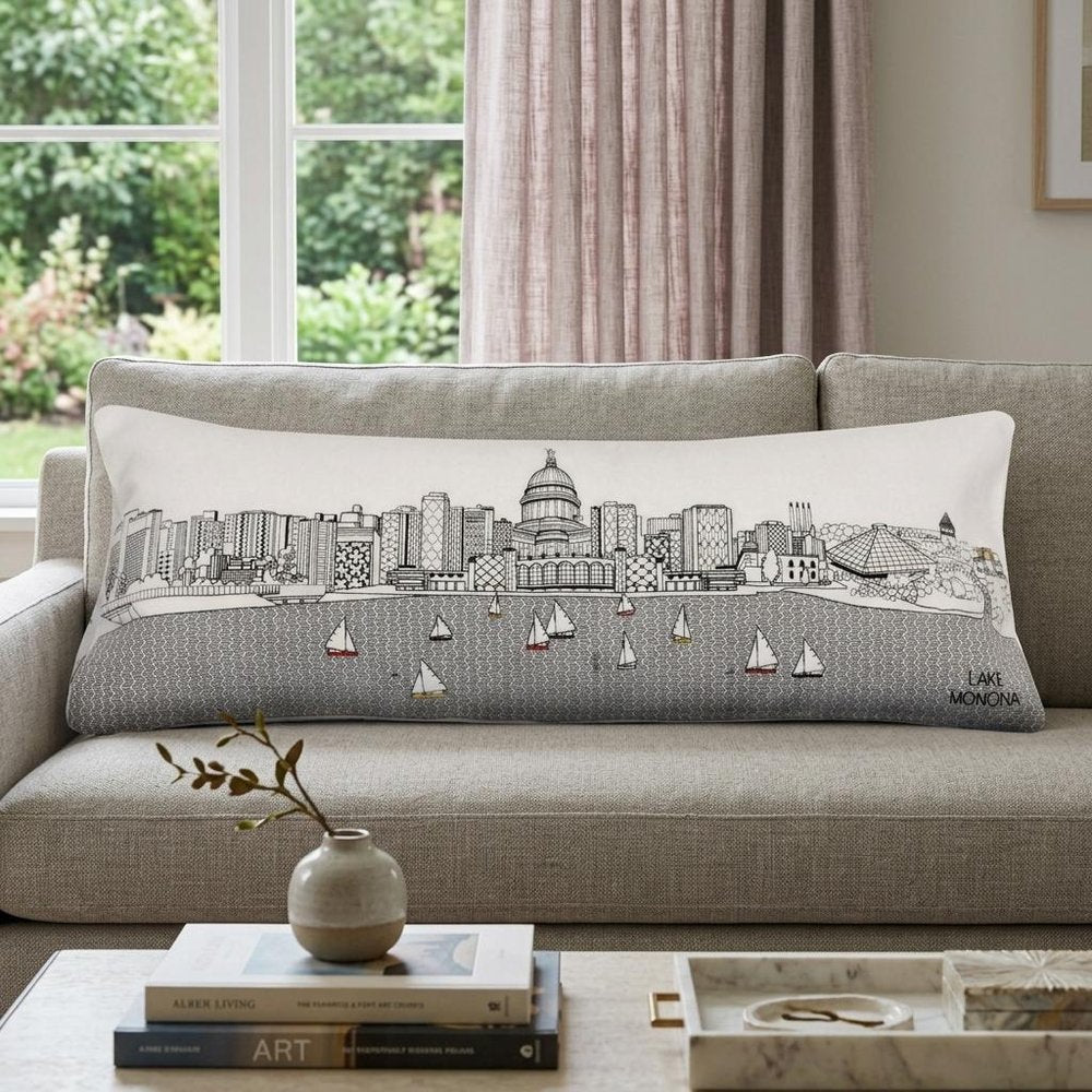 14" X 35" Dark Gray And White Madison Nighttime Skyline Lumbar Decorative Pillow HomeRoots