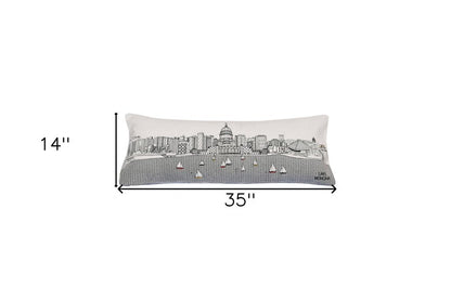14" X 35" Dark Gray And White Madison Nighttime Skyline Lumbar Decorative Pillow HomeRoots
