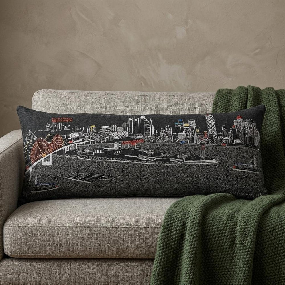14" X 35" Dark Gray And White Memphis Nighttime Skyline Lumbar Decorative Pillow — view 1