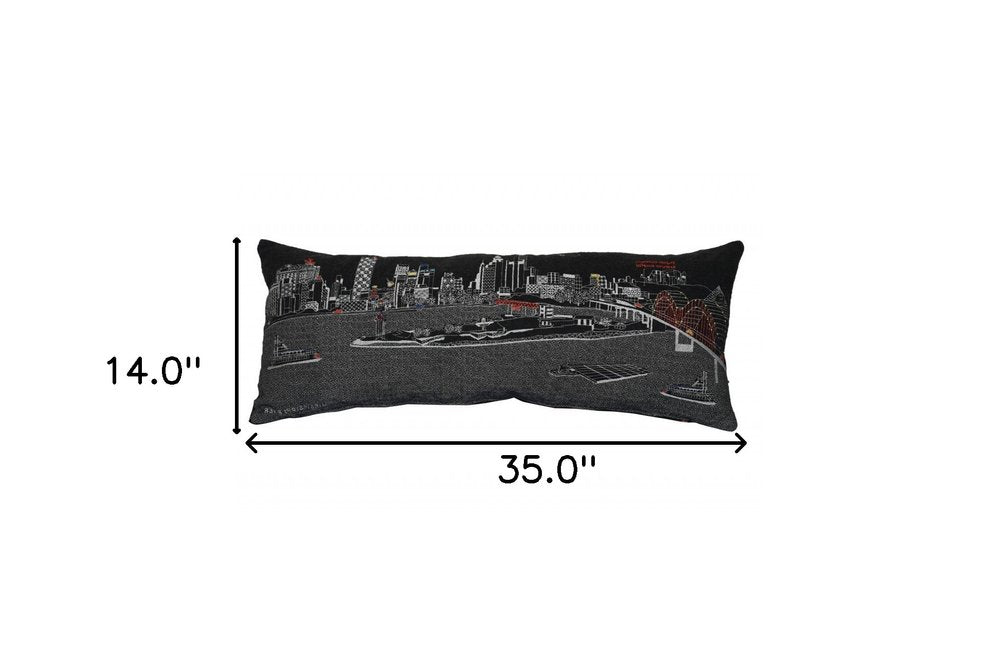 14" X 35" Dark Gray And White Memphis Nighttime Skyline Lumbar Decorative Pillow — view 4