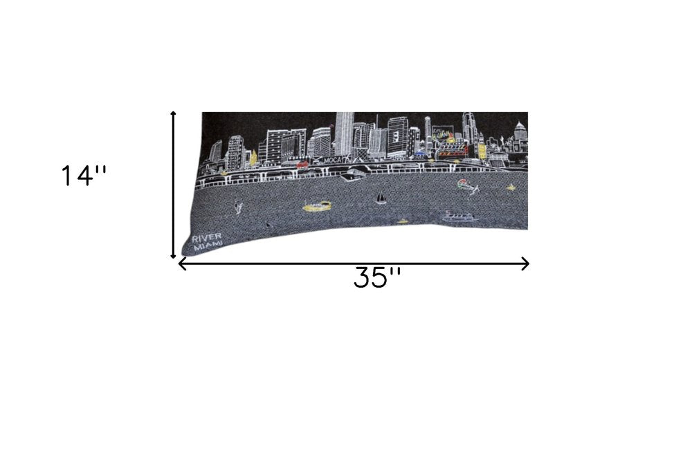 14" X 35" Dark Gray And White Miami Nighttime Skyline Lumbar Decorative Pillow HomeRoots
