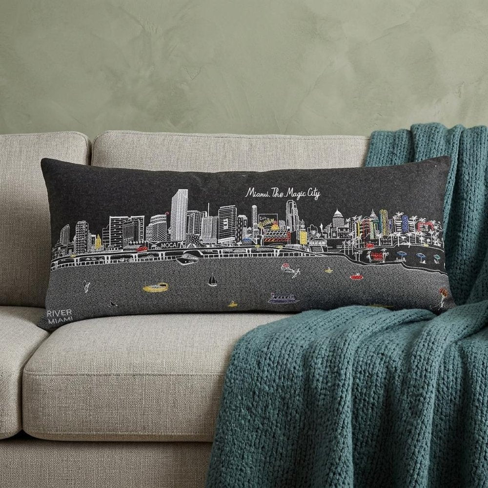 14" X 35" Dark Gray And White Miami Nighttime Skyline Lumbar Decorative Pillow — view 1