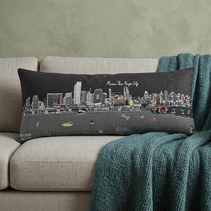 14" X 35" Dark Gray And White Miami Nighttime Skyline Lumbar Decorative Pillow HomeRoots