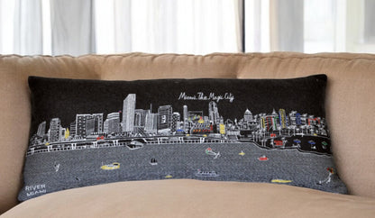 35" Black Miami Nighttime Skyline Lumbar Decorative Pillow FurniFindUSA