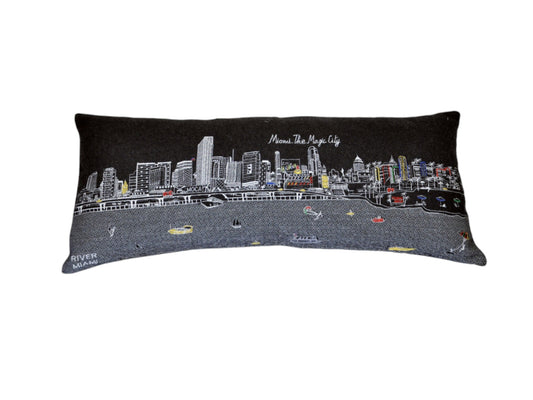 35" Black Miami Nighttime Skyline Lumbar Decorative Pillow FurniFindUSA