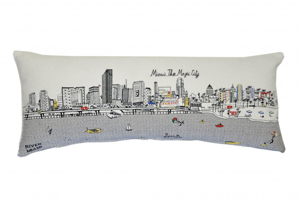 14" X 35" Dark Gray And White Miami Nighttime Skyline Lumbar Decorative Pillow — view 5