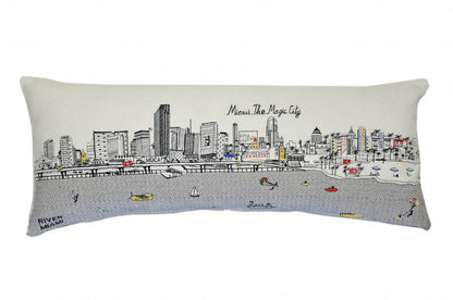 14" X 35" Dark Gray And White Miami Nighttime Skyline Lumbar Decorative Pillow HomeRoots
