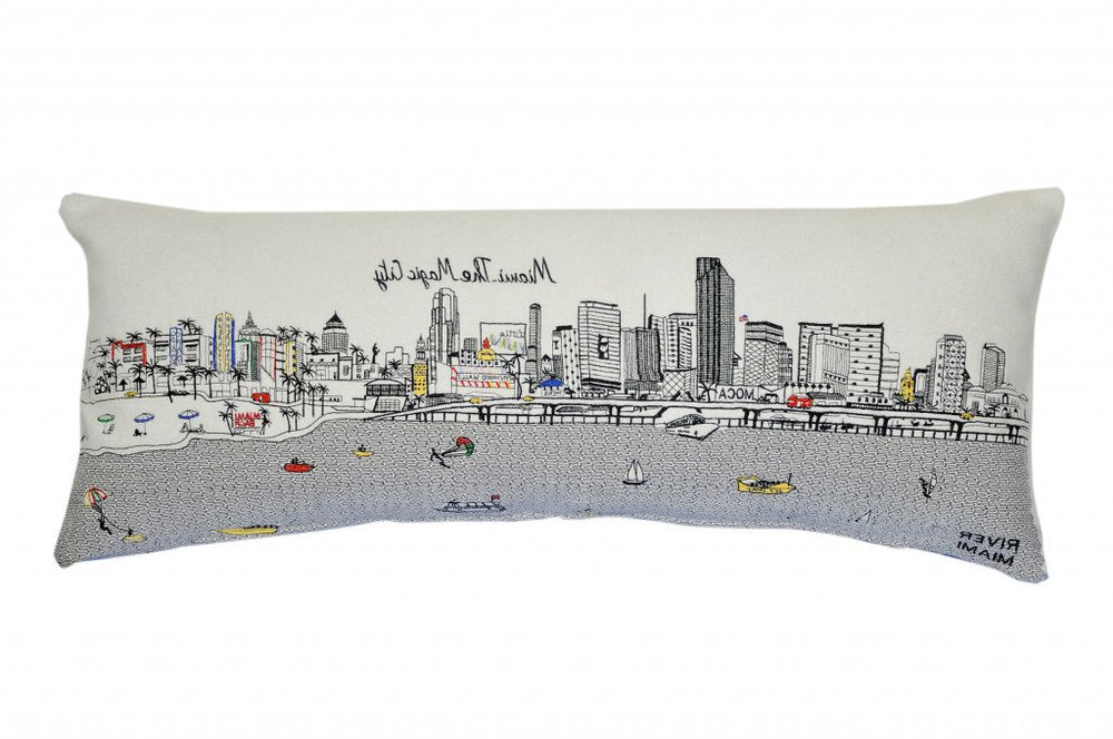 14" X 35" Dark Gray And White Miami Nighttime Skyline Lumbar Decorative Pillow — view 7