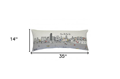 14" X 35" Dark Gray And White Miami Nighttime Skyline Lumbar Decorative Pillow HomeRoots