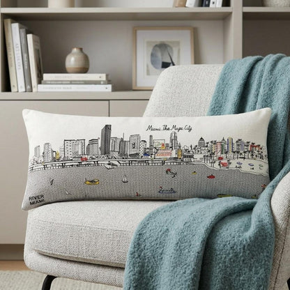 14" X 35" Dark Gray And White Miami Nighttime Skyline Lumbar Decorative Pillow HomeRoots
