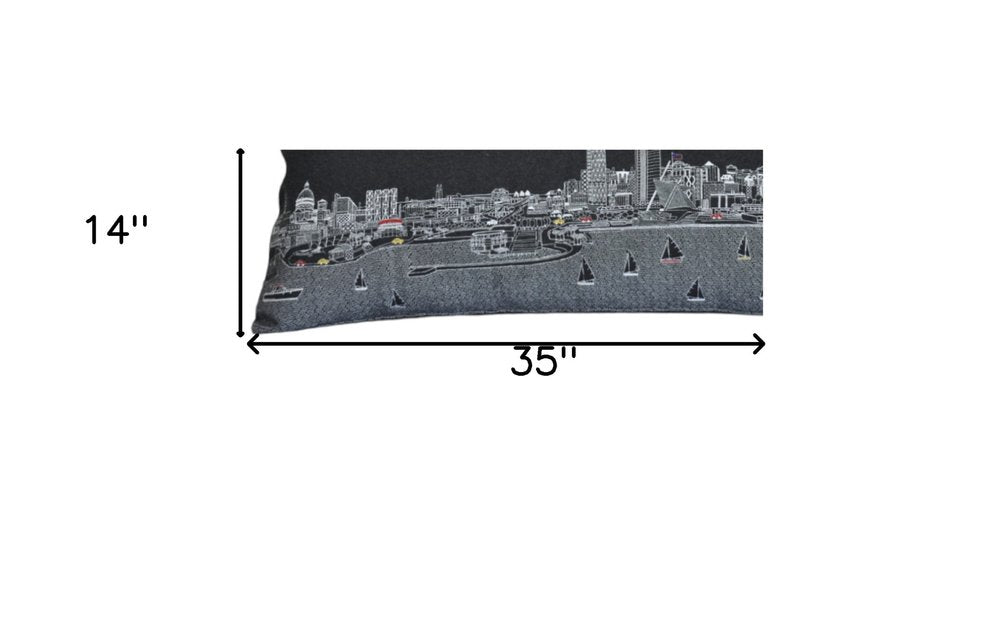 14" X 35" Dark Gray And White Milwaukee Nighttime Skyline Lumbar Decorative Pillow — view 5