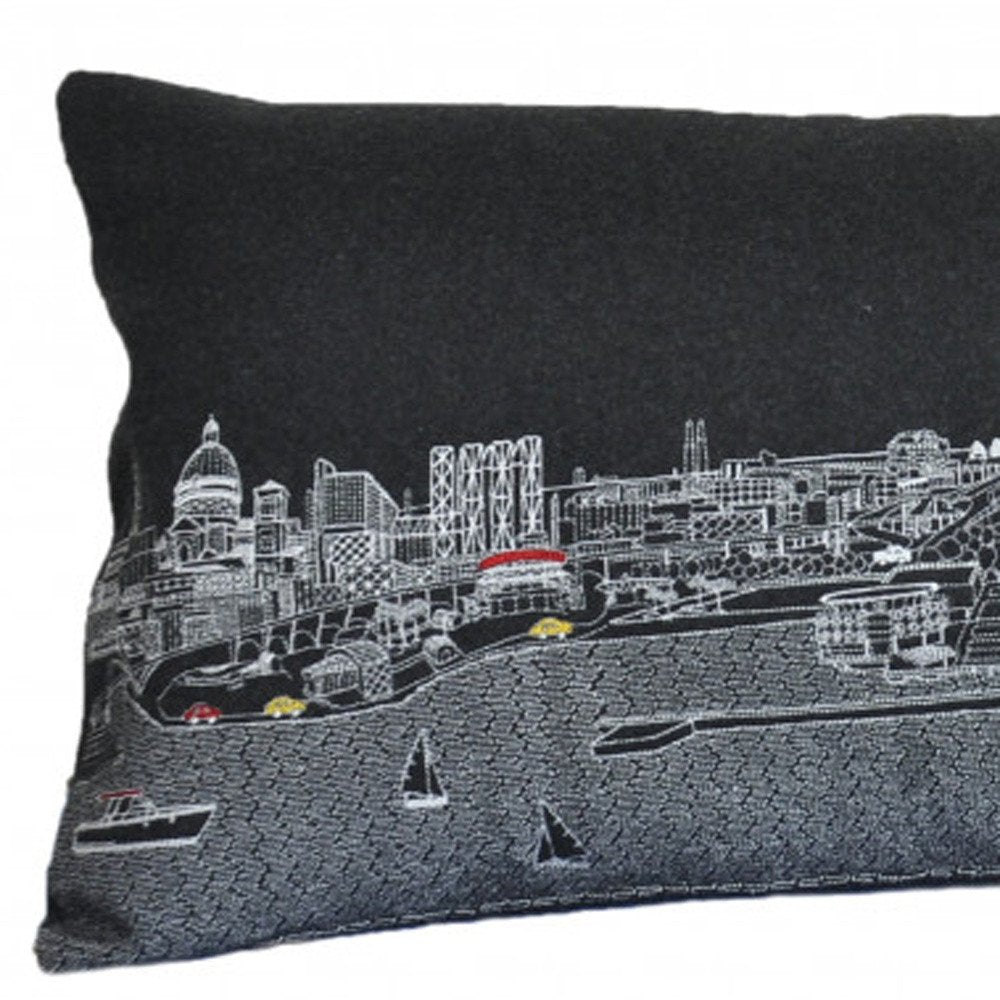 14" X 35" Dark Gray And White Milwaukee Nighttime Skyline Lumbar Decorative Pillow — view 2