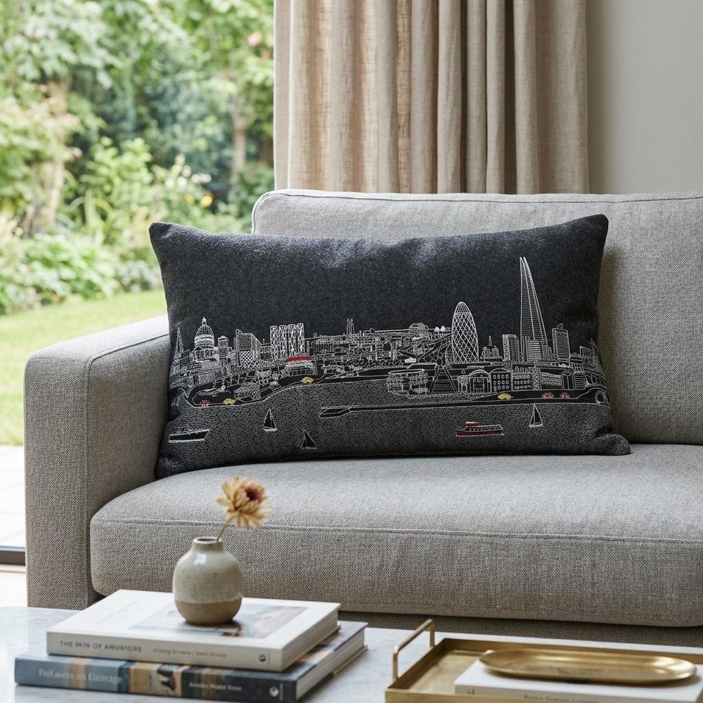14" X 35" Dark Gray And White Milwaukee Nighttime Skyline Lumbar Decorative Pillow HomeRoots