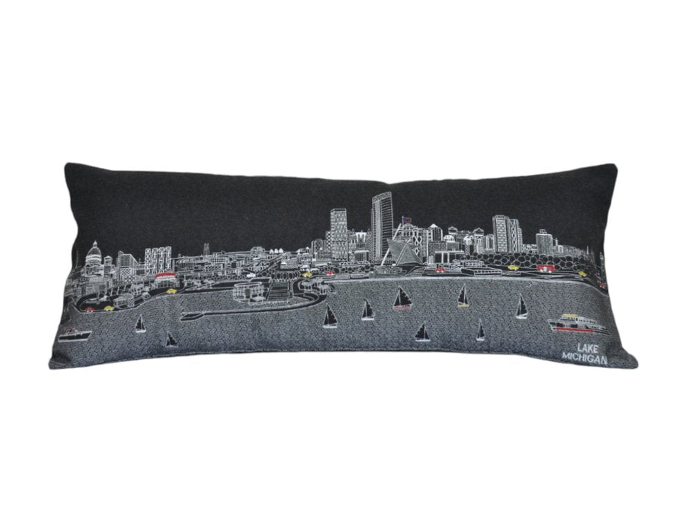 14" X 35" Dark Gray And White Milwaukee Nighttime Skyline Lumbar Decorative Pillow HomeRoots