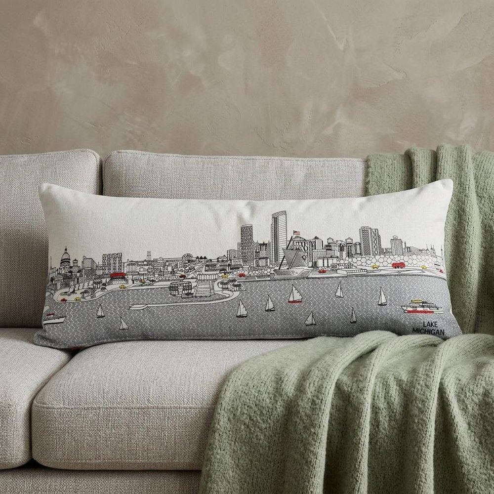 14" X 35" Dark Gray And White Milwaukee Nighttime Skyline Lumbar Decorative Pillow HomeRoots