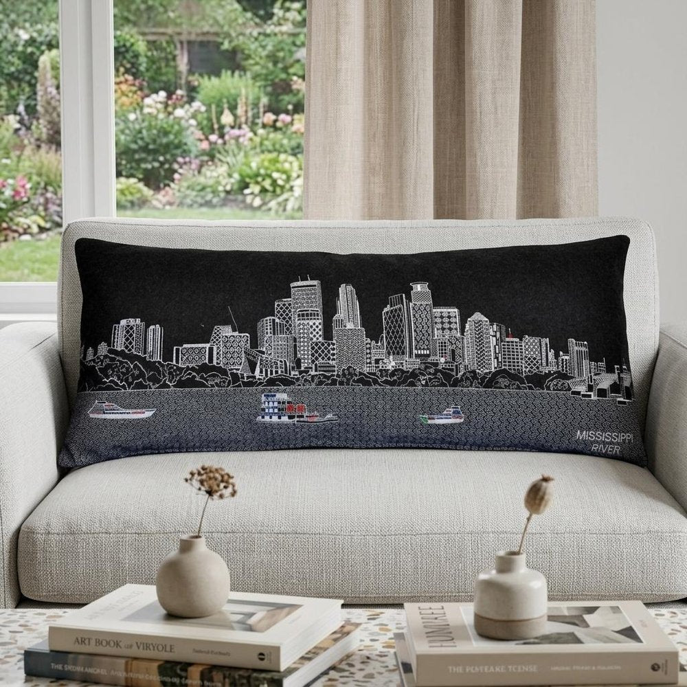 14" X 35" Dark Gray And White Minneapolis Nighttime Skyline Lumbar Decorative Pillow — view 1