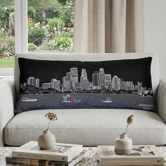 14" X 35" Dark Gray And White Minneapolis Nighttime Skyline Lumbar Decorative Pillow