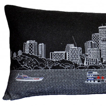 14" X 35" Dark Gray And White Minneapolis Nighttime Skyline Lumbar Decorative Pillow HomeRoots