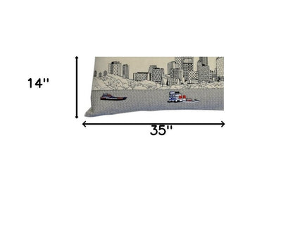 14" X 35" Dark Gray And White Minneapolis Nighttime Skyline Lumbar Decorative Pillow HomeRoots