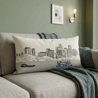 14" X 35" Dark Gray And White Minneapolis Nighttime Skyline Lumbar Decorative Pillow HomeRoots