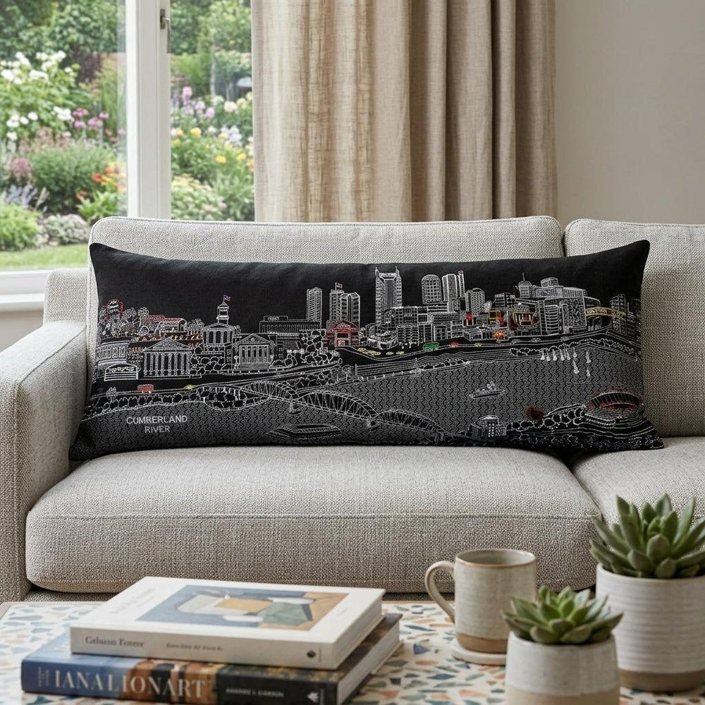14" X 35" Dark Gray And White Nashville Nighttime Skyline Lumbar Decorative Pillow — view 1