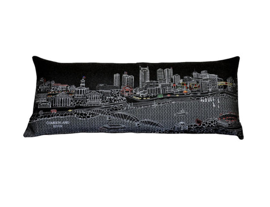 14" X 35" Dark Gray And White Nashville Nighttime Skyline Lumbar Decorative Pillow