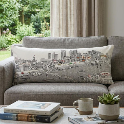 14" X 35" Dark Gray And White Nashville Nighttime Skyline Lumbar Decorative Pillow HomeRoots