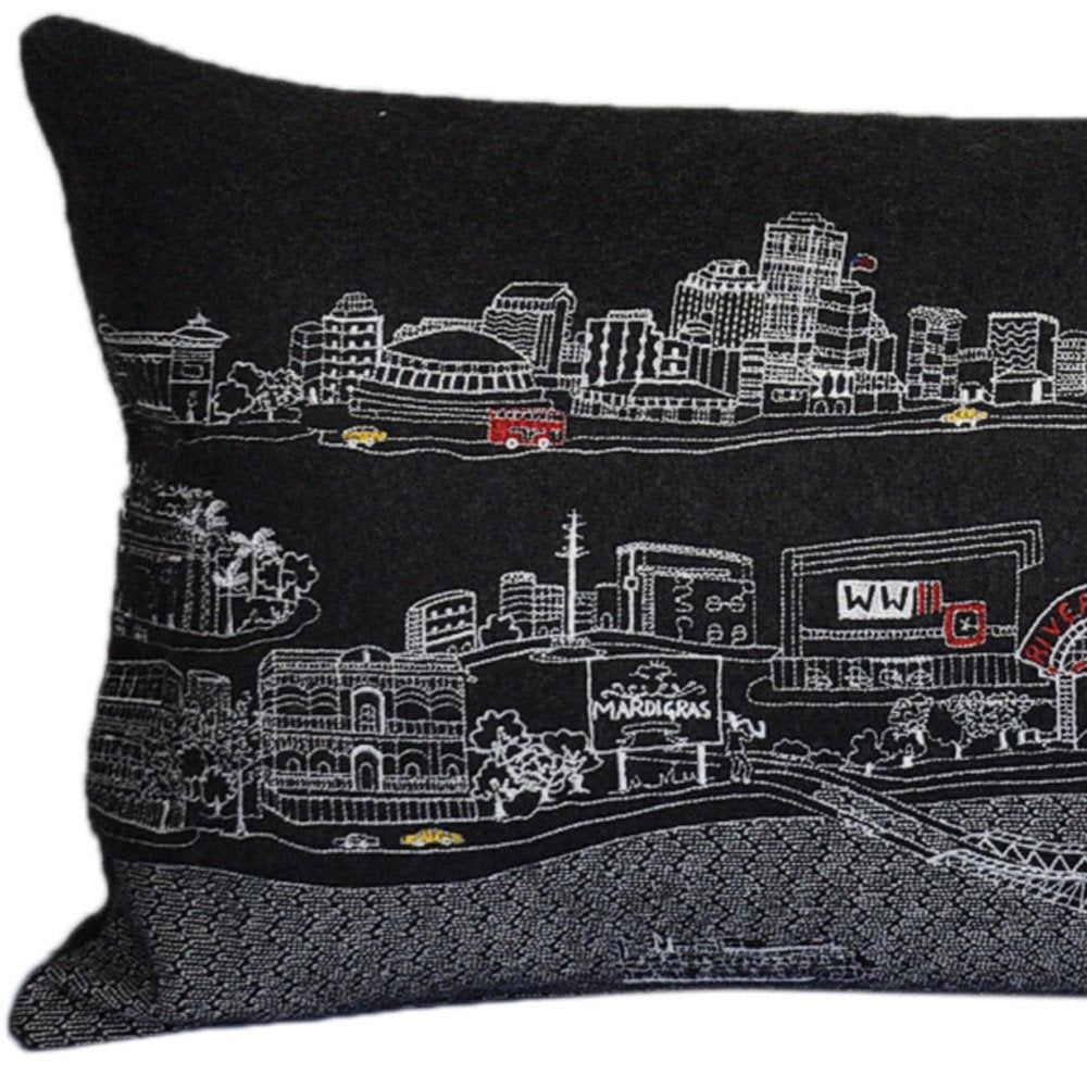 14" X 35" Dark Gray And White New Orleans Nighttime Skyline Lumbar Decorative Pillow — view 5