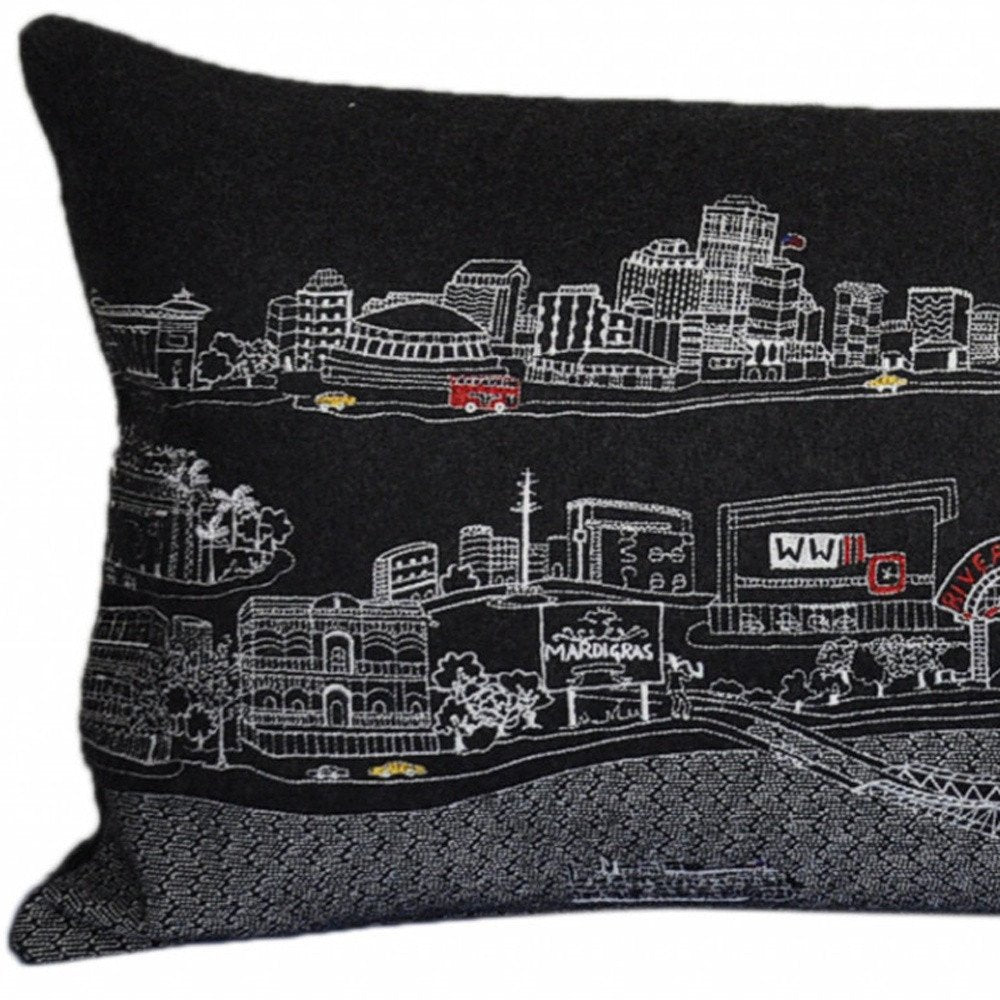 14" X 35" Dark Gray And White New Orleans Nighttime Skyline Lumbar Decorative Pillow HomeRoots