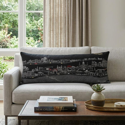 14" X 35" Dark Gray And White New Orleans Nighttime Skyline Lumbar Decorative Pillow HomeRoots