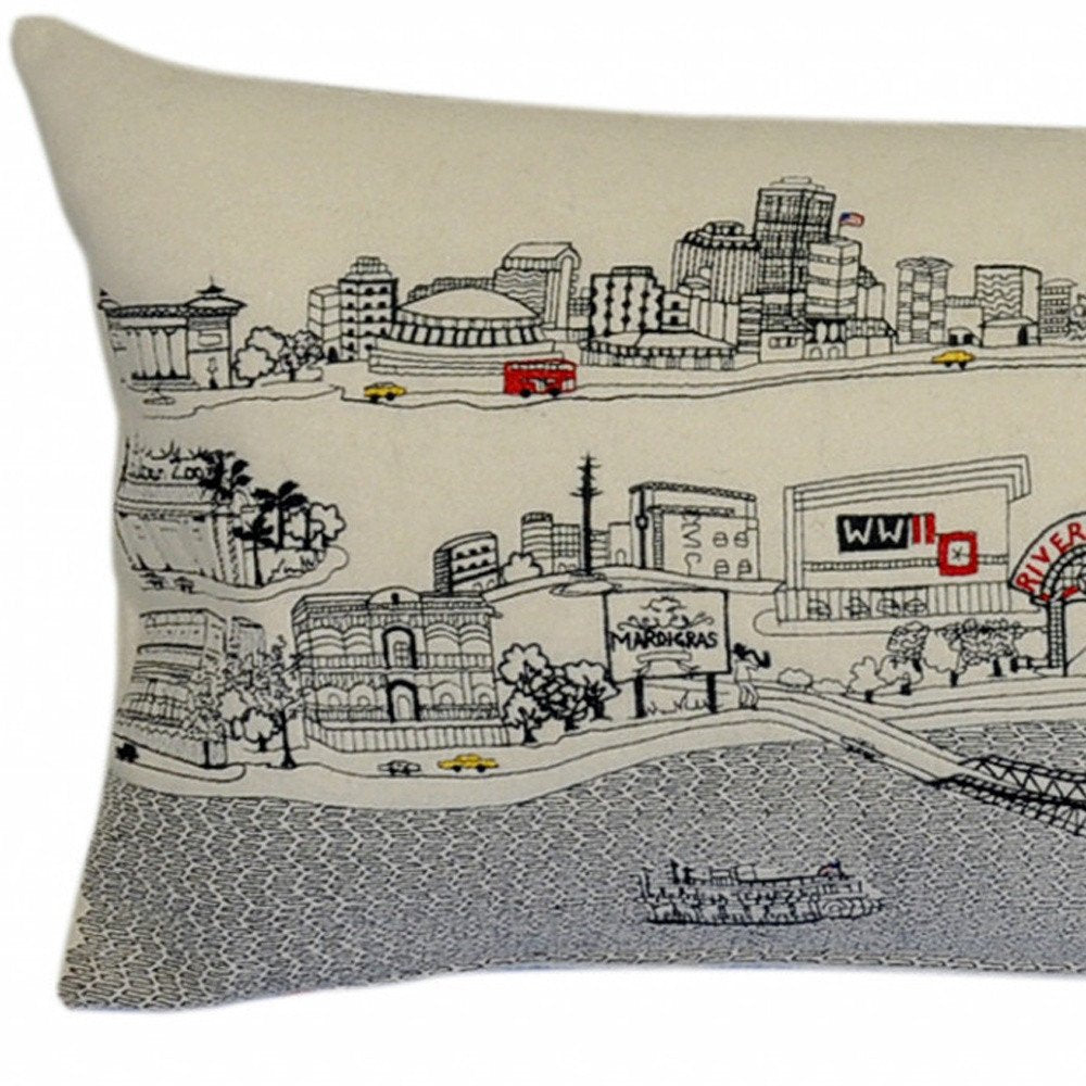 14" X 35" Dark Gray And White New Orleans Nighttime Skyline Lumbar Decorative Pillow HomeRoots