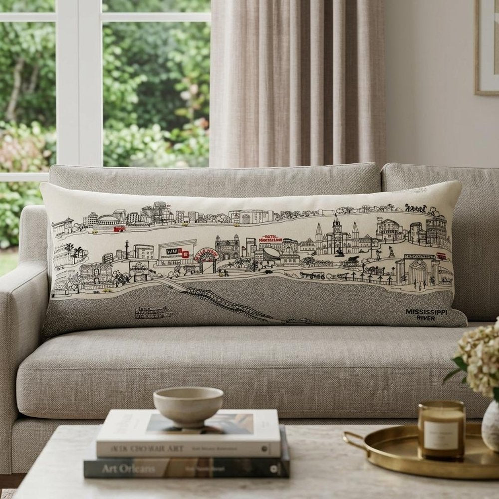 14" X 35" Dark Gray And White New Orleans Nighttime Skyline Lumbar Decorative Pillow HomeRoots