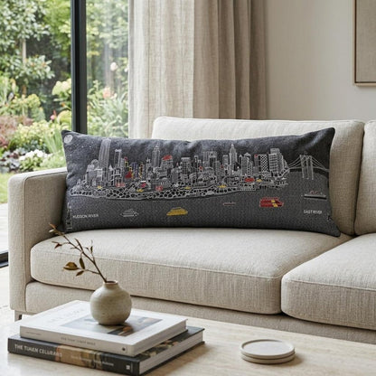 14" X 35" Dark Gray And White NYC Nighttime Skyline Lumbar Decorative Pillow HomeRoots