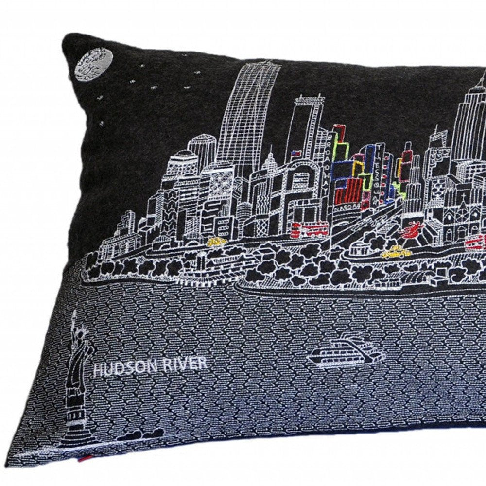 14" X 35" Dark Gray And White NYC Nighttime Skyline Lumbar Decorative Pillow HomeRoots