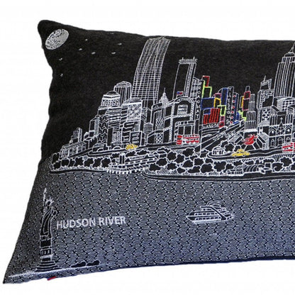 14" X 35" Dark Gray And White NYC Nighttime Skyline Lumbar Decorative Pillow HomeRoots