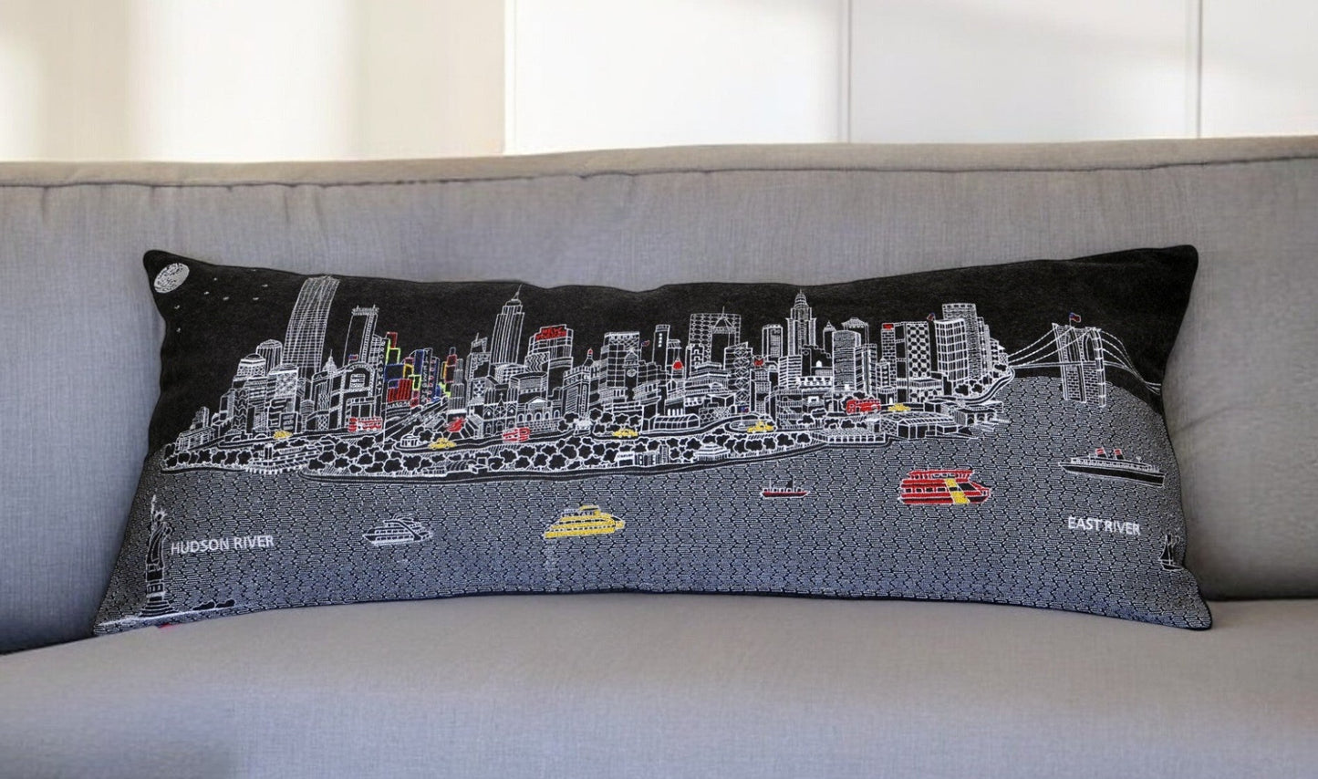 35" Black NYC Nighttime Skyline Lumbar Decorative Pillow FurniFindUSA