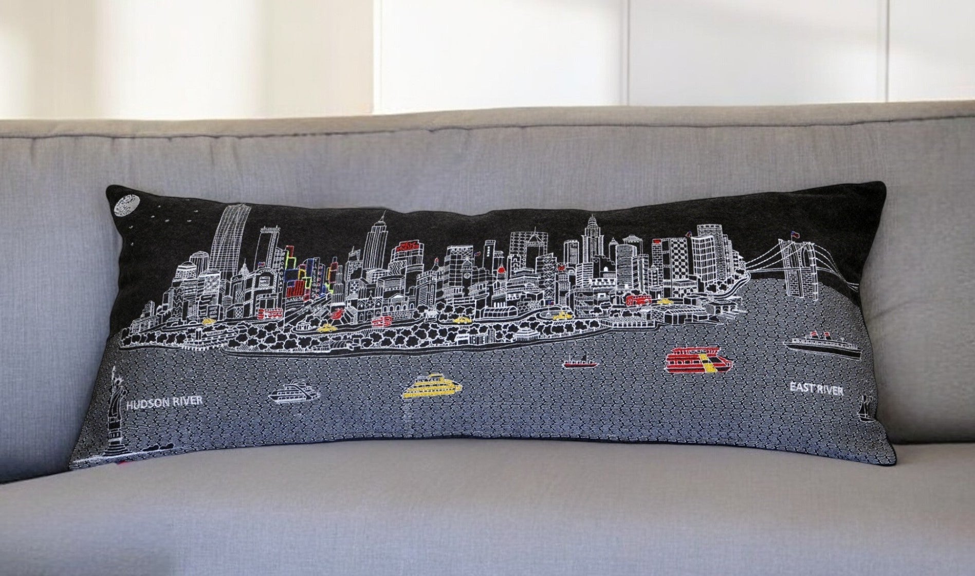 35" Black NYC Nighttime Skyline Lumbar Decorative Pillow FurniFindUSA