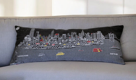 35" Black NYC Nighttime Skyline Lumbar Decorative Pillow FurniFindUSA