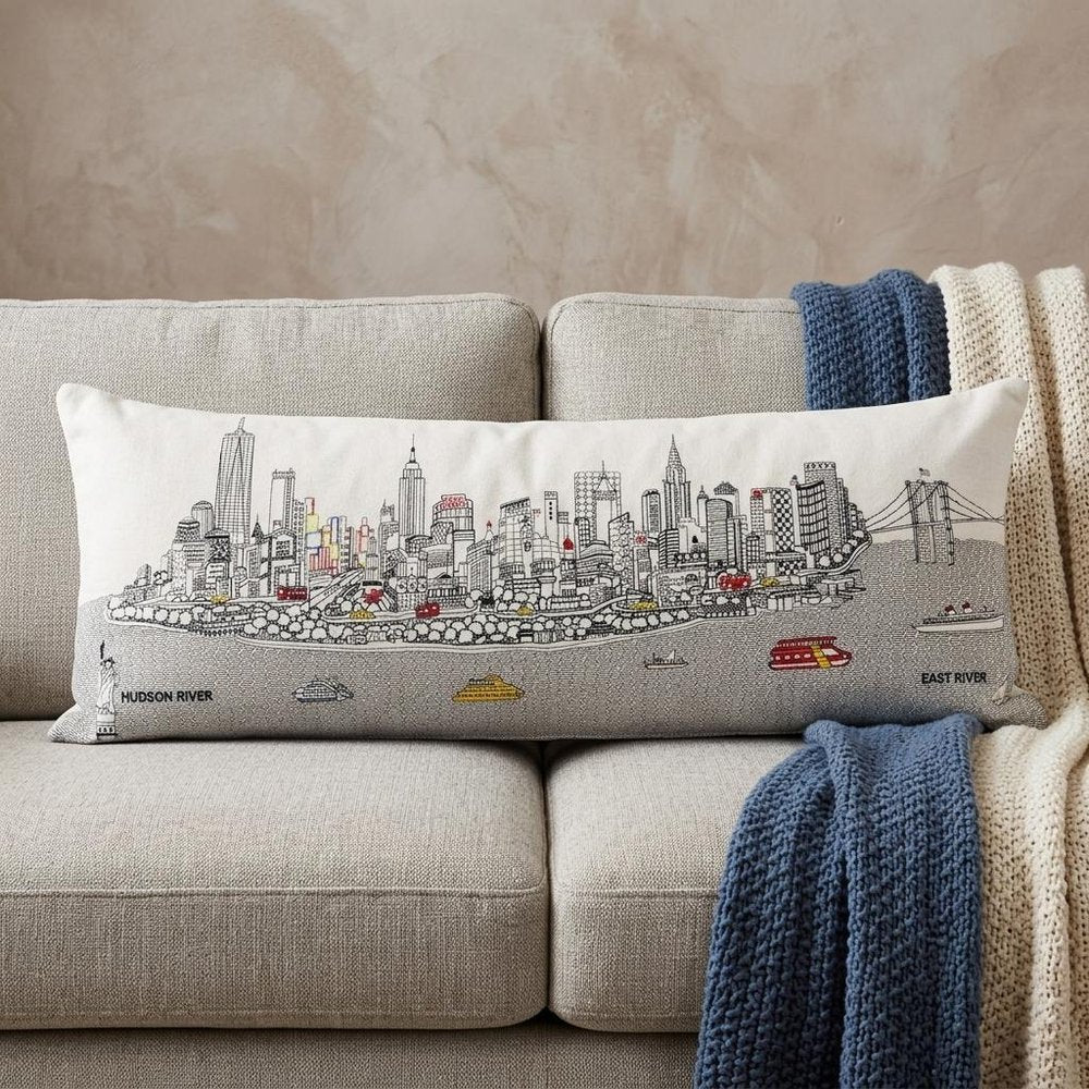 14" X 35" Dark Gray And White NYC Nighttime Skyline Lumbar Decorative Pillow HomeRoots