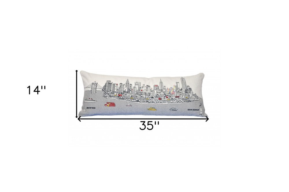 14" X 35" Dark Gray And White NYC Nighttime Skyline Lumbar Decorative Pillow — view 7