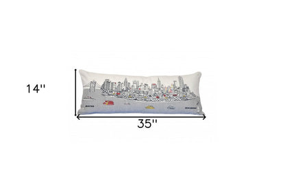 14" X 35" Dark Gray And White NYC Nighttime Skyline Lumbar Decorative Pillow HomeRoots
