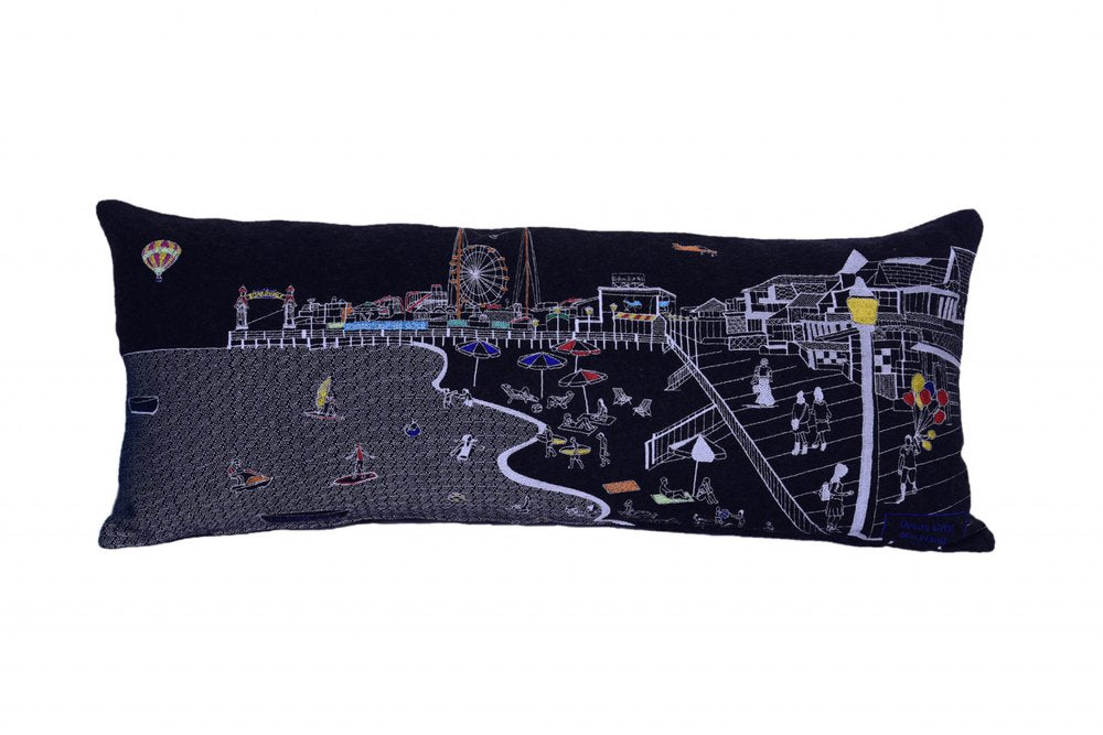 14" X 35" Dark Gray And White Ocean City Nighttime Skyline Lumbar Decorative Pillow HomeRoots